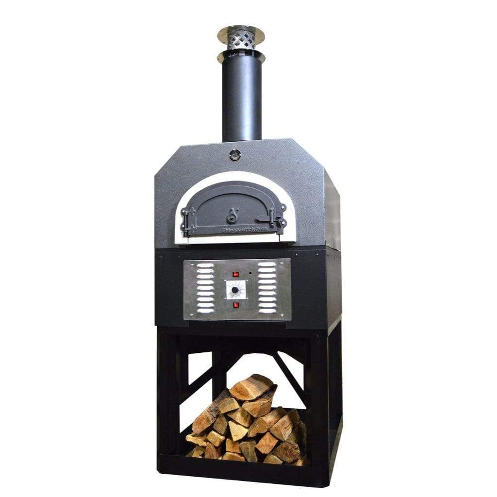 Hybrid Wood/Natural Gas Pizza Oven With Silver Vein Hood & Black Base Stand